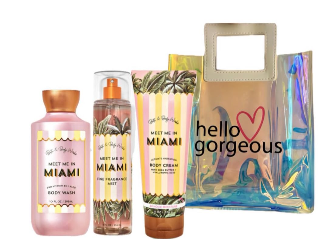 Bath & Body Works - 3 Piece Bundle - Spray - Body Cream - Shower Gel - Full Size and Gift Bag HELLO GORGEOUS (Meet Me In Miami)