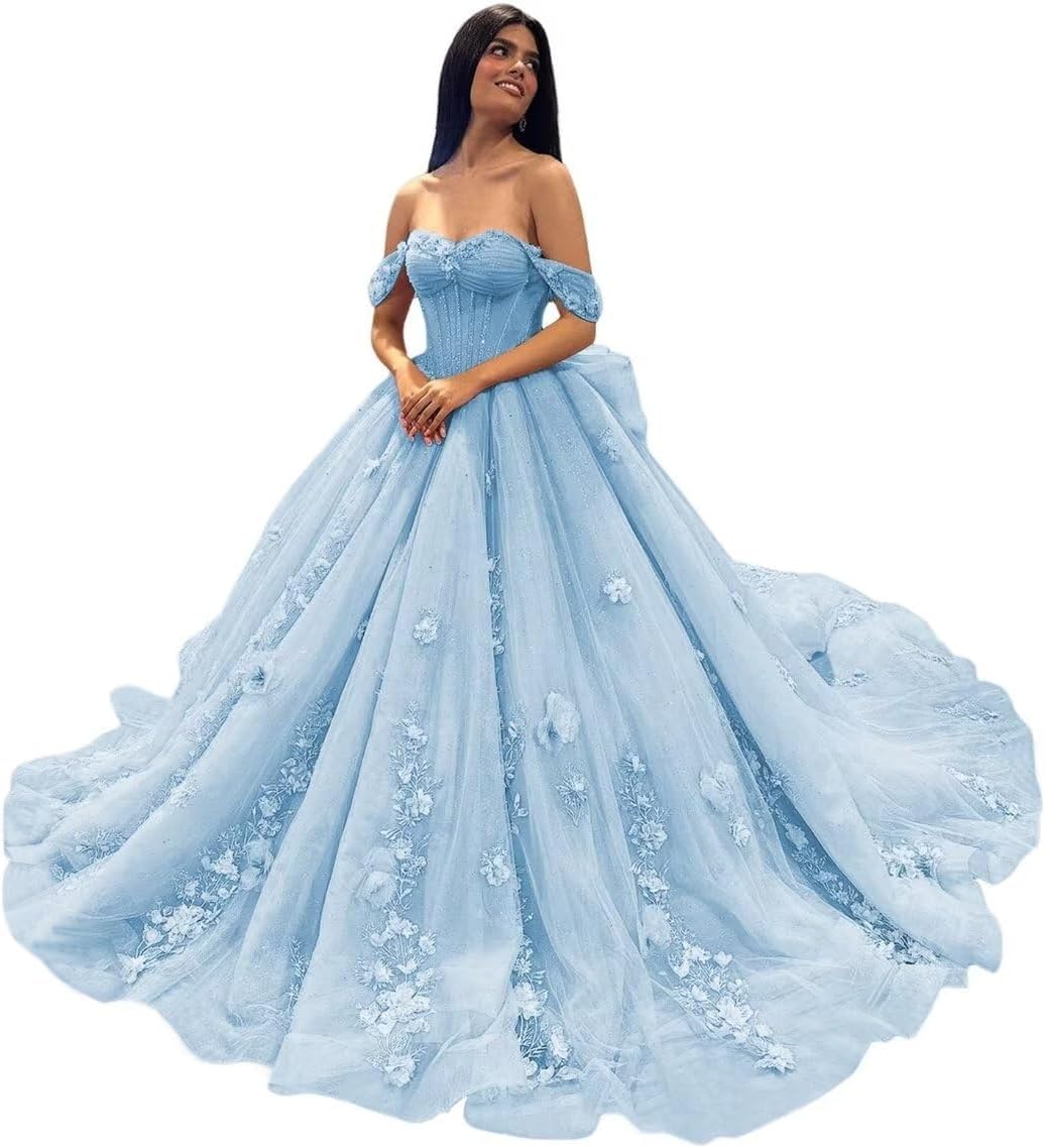 Fuomomo Off Shoulder Quinceanera Dresses Ball Gowns for 15 16 Year Old Quinceanera Evening Gowns with lace Appliques MT033 Light Blue