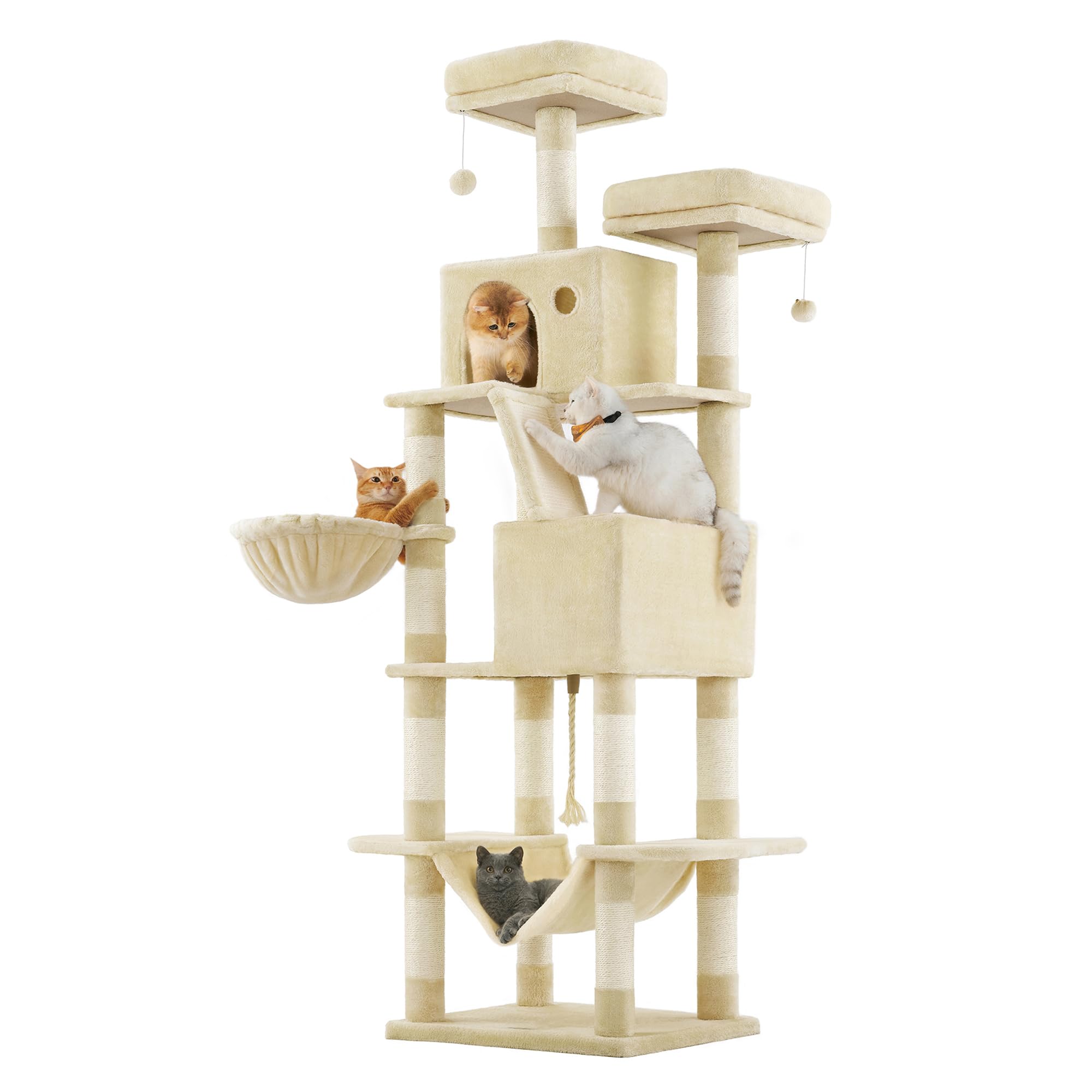 Feandrea Cat Tree, 206 cm Large Cat Tower Condo with 13 Scratching Posts, 1 Scratching Ramp, 2 Perches, 2 Caves, Basket, Hammock, Pompoms, Beige PCT190M01V1The Forest Stewardship Council
