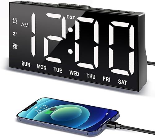 Reloj despertador digital con pantalla grande, números grandes y llamativos, atenuador, 2 puertos de carga USB, repetición, reloj de mesa pequeño