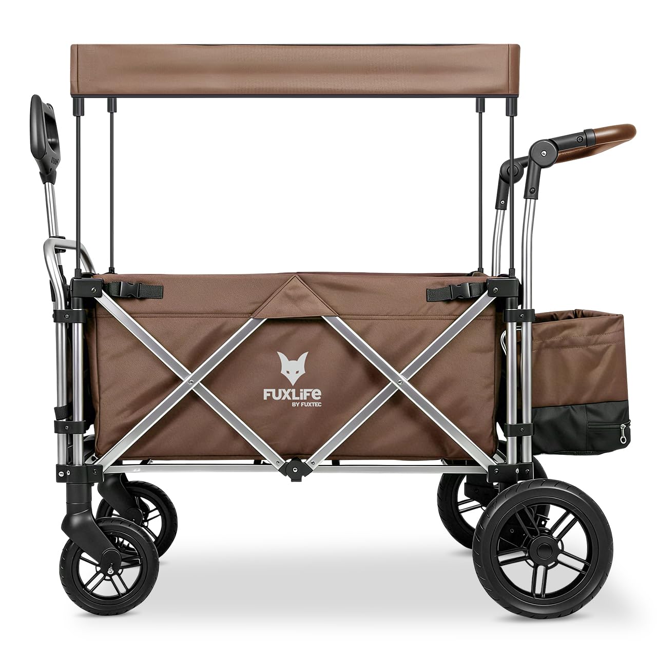 FUXLIFE FX-CTL900 Premium Folding Wagon for Kids – Foldable Handcart with Sun Canopy, Padded Interior, 5-Point Safety Harnesses, Suspension Wheels & Cool Bag – Brown