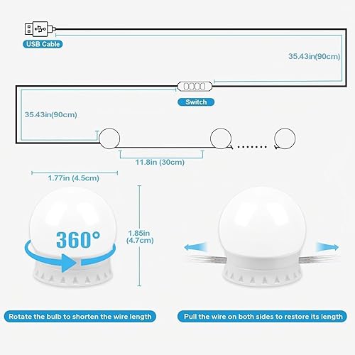Miniatura 4 de Premtess - Luces de tocador para espejo, estilo Hollywood con 14 bombillas regulables, color y brillo ajustables, cable USB (no incluye espejo)