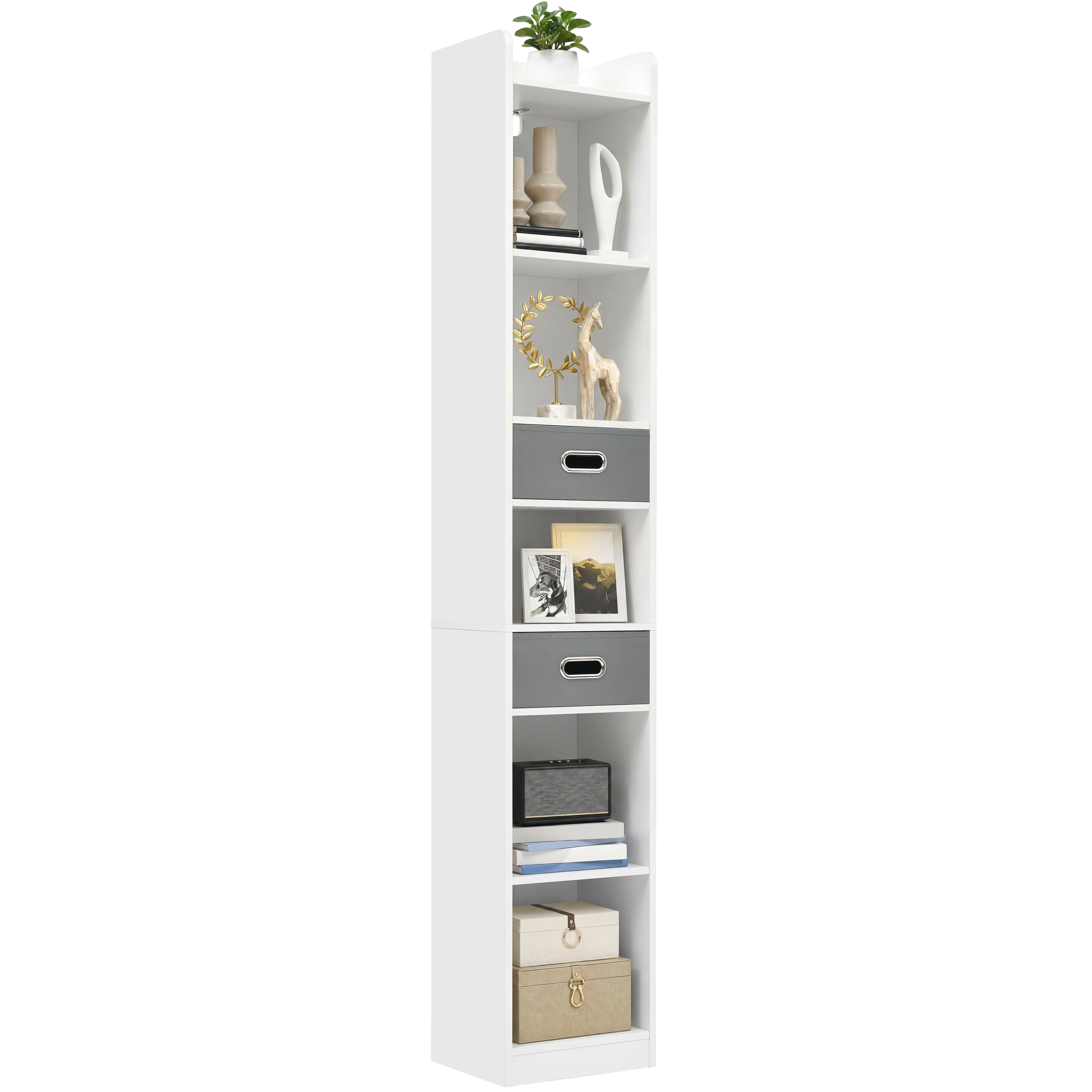 YITAHOME Hohes schmales Bücherregal Eckregal 5 Ebenen 2 Stoffschubladen freistehend Weiß 30x24x180 cm