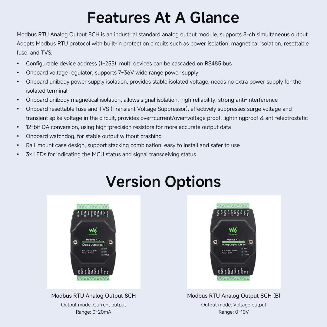 Waveshare Industrial 8-Ch Analog Output Module, 12-Bit DA Conversion, Supports 8-Ch Simultaneous Current Output, DC 7~36V Wide Voltage Power Supply, Modbus RTU Protocol, Rail-Mount Support