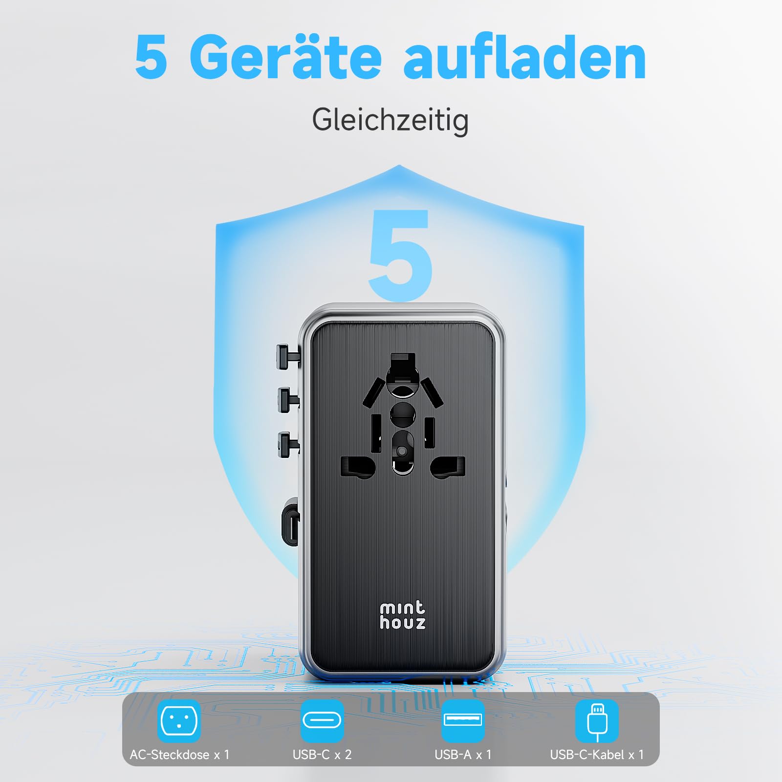 Minthouz Reiseadapter Weltweit,GaN Ⅲ PD 100W Universal Reisestecker mit 2 USB C und 1 USB A,Internationaler Steckdosenadapter mit ausziehbar Kabel,Universaladapter für UK USA Japan China (P100W-C)