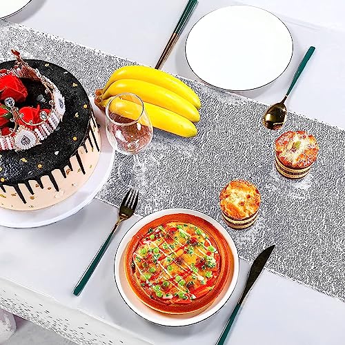 Image of Irenare 4 Pcs White and Silver Tablecloth and Sequin Table Runner Set Polka Dots Confetti Table Cover Dining Plastic Tablecloths Glitter Decorations for Birthday Wedding Anniversary Party Supplies