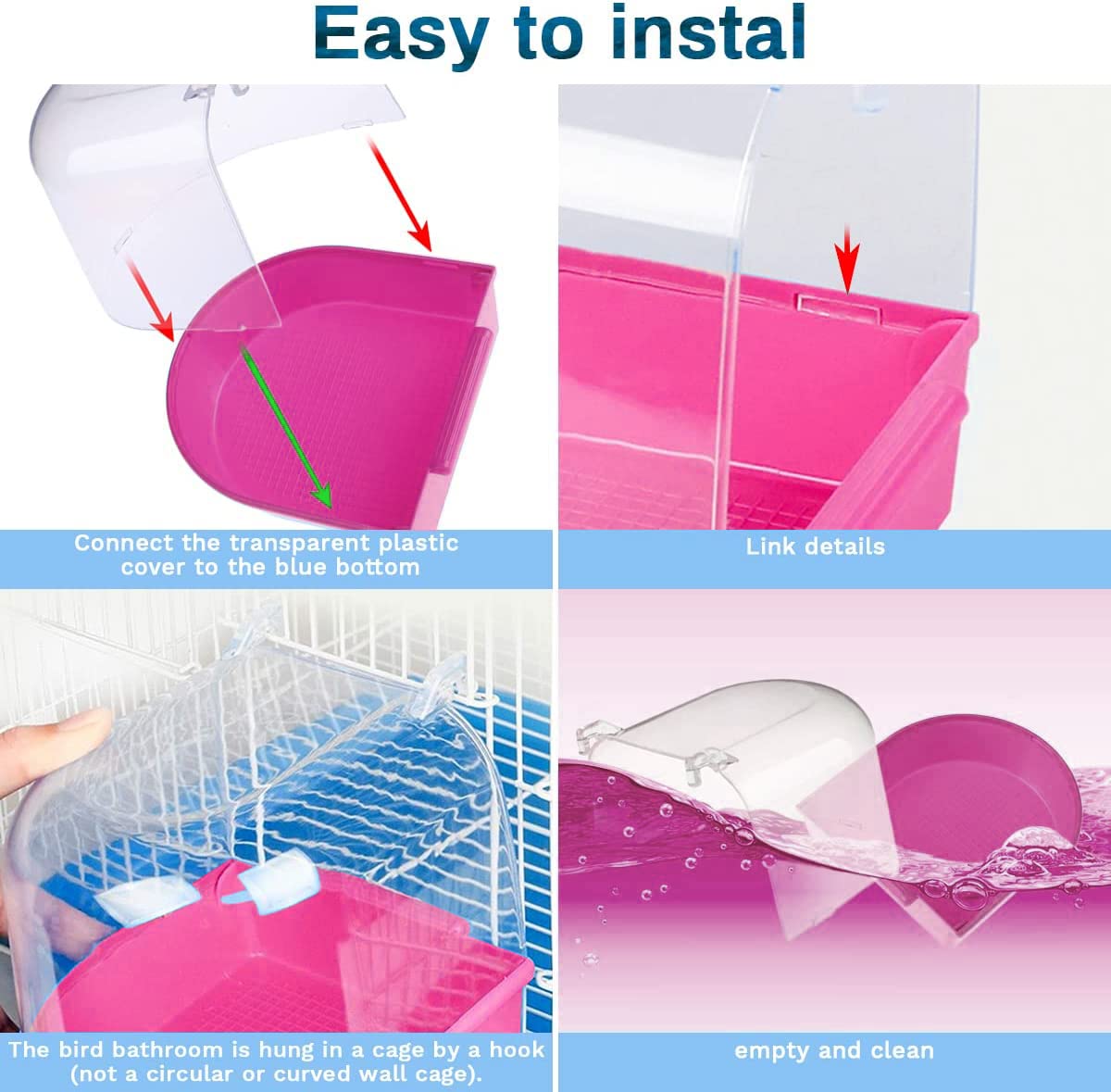 Sage Square Bird Bath Box, Caged Bird Wonderful Bathtub with Hole for Water Spray for Pet Small Birds Canary Budgies Parrot Parakeet Finch Canary Cockatiel Parrot Lovebird (Pink) 3