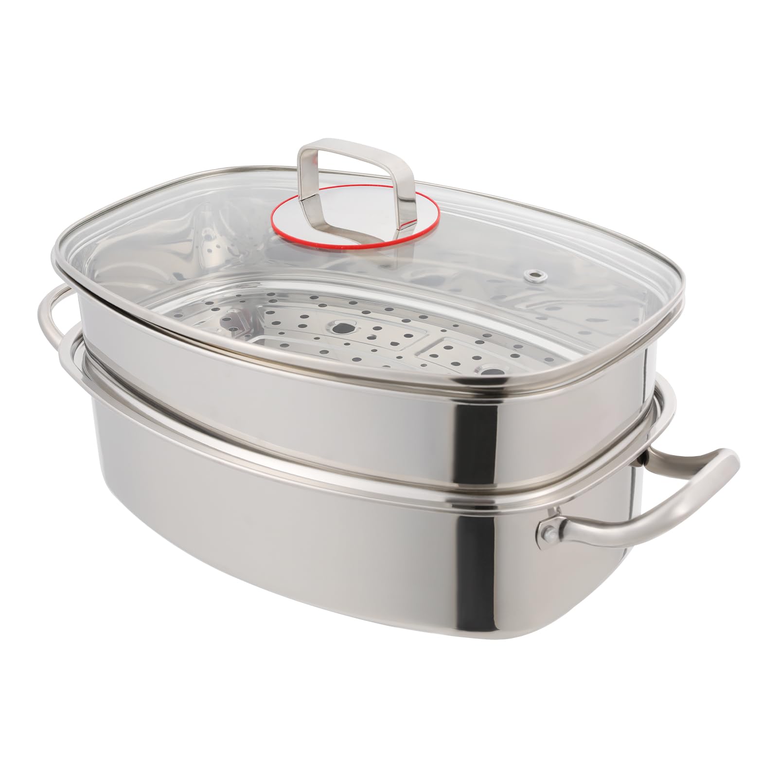 Dampfkochtopf aus 304 Edelstahl, 2-stöckig 6L Dampfgarer mit Dampfgitter & Dampfkorb, inkl. Zange Schutzhandschuhe Timer, kompatibel mit Gas Elektro Induktion, für Fisch Gemüse Suppen Nudeln
