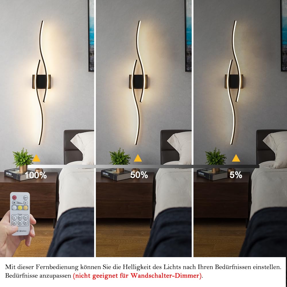 Modernes 2er-Set Wandleuchten mit Fernbedienung, Dimmbare LED-Wandleuchten 26W, Schwarze Wandleuchte mit Timer, Wandbeleuchteung für Wohnzimmer Schlafzimmer Flur, Schwarz, 103 CM