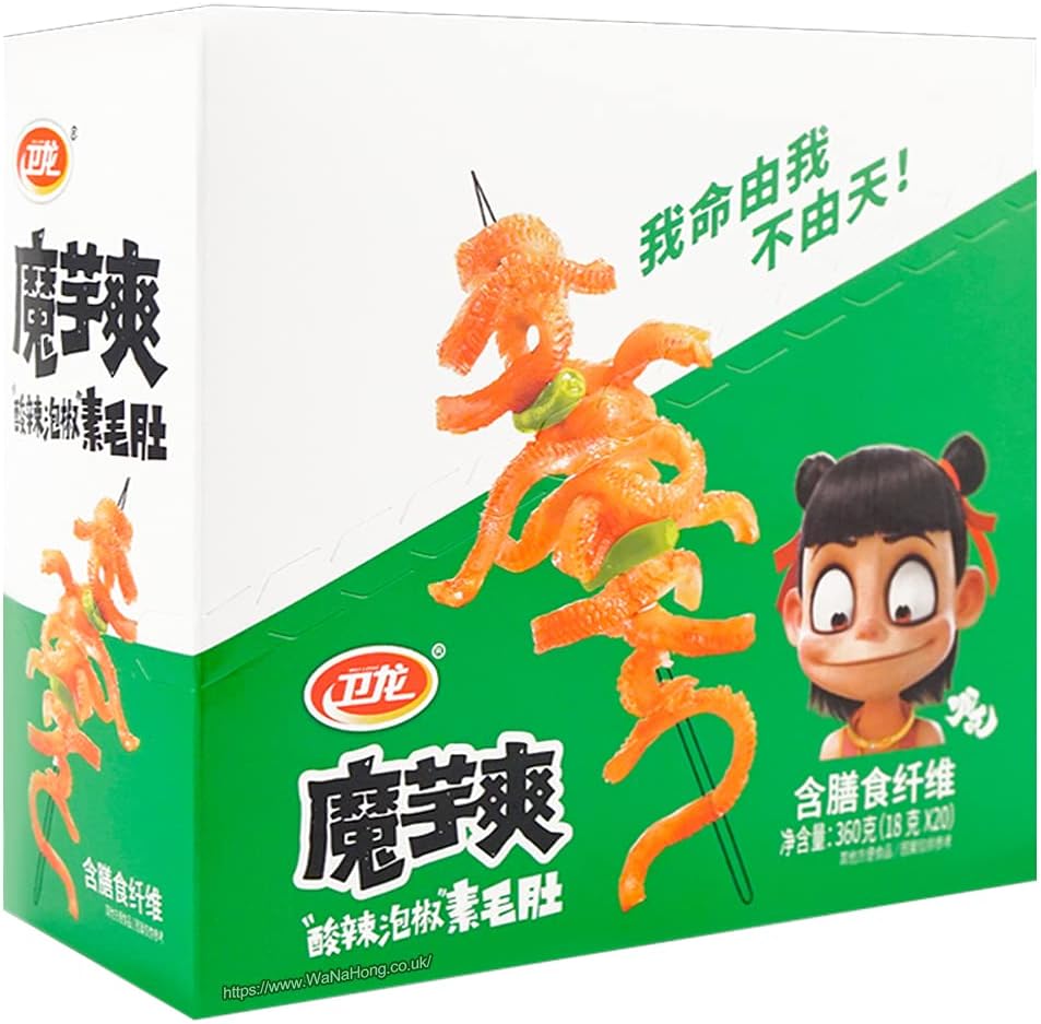 Wei Long Konjac Strips Spicy Strips Snacks 卫龙 魔芋爽 素毛肚 辣条 亲嘴烧 大面筋 (Konjac - Hot & Sour (Pack of 20) 魔芋爽 - 酸辣泡椒)