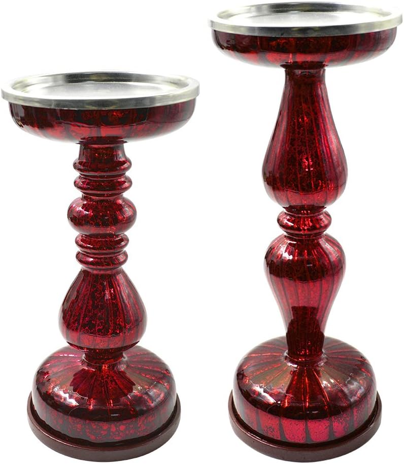 Decorative Candle Holder, Illuminated Mercury Glass Pedestal Pillar Candle Holder Set of 2, Red Color
