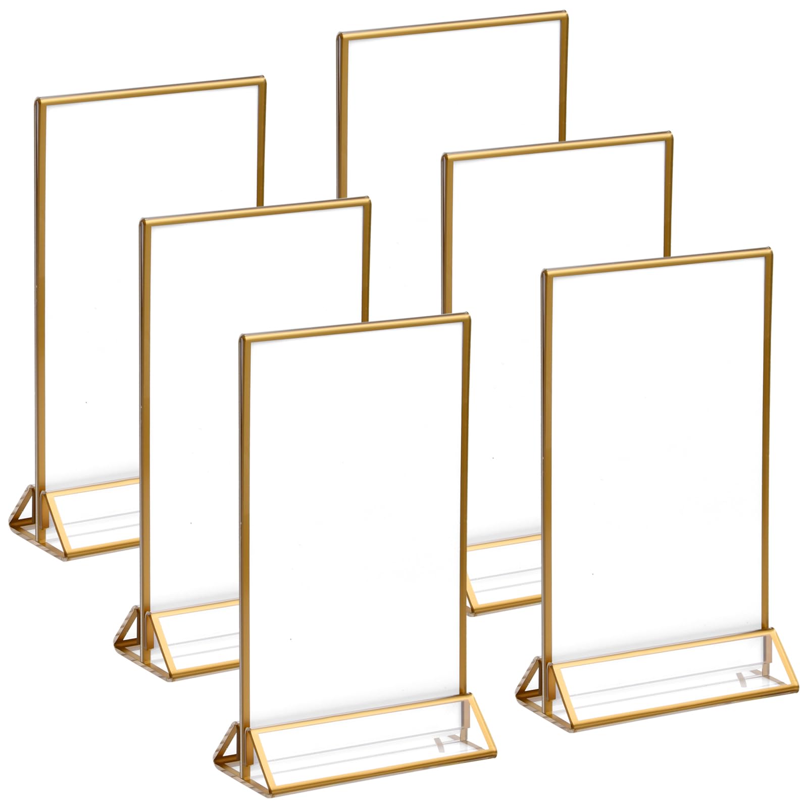 6 Pack Acrylic Sign Holder with Gold Border, Double Sided Clear Table Menu Display Stand, T Shaped Vertical Poster Menu Holder, Plastic Sign Frame for Wedding Office Store Restaurant