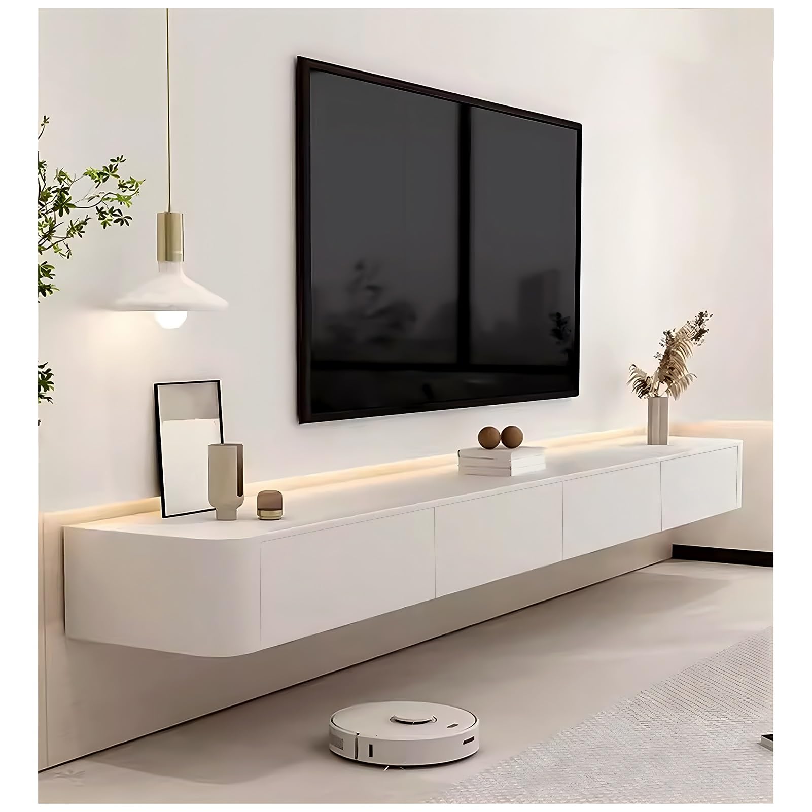 Biała pływająca szafka pod telewizor - montowana na ścianie moja konsola ze złączem Sto Ders i kablem - Slish centrum rozrywki do salonu (200 x 30 cm)