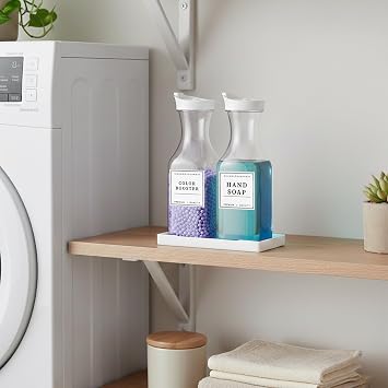 Laundry Detergent Dispenser,2 Pack 35OZ Dispenser with Tray,Liquid Laundry Detergent Dispensers with 18 Waterproof Label for Bathroom Decor and Organization