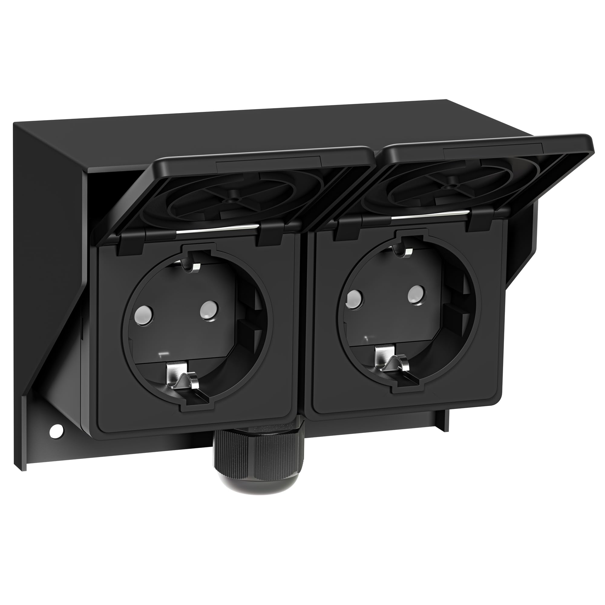 ledscom.de 4x Außen-/Feuchtraumsteckdose PIWI, Aufputz, IP44, 2-fach Schuko, 16A/230V, Edelstahl, Kunststoff, schwarz, waagerecht