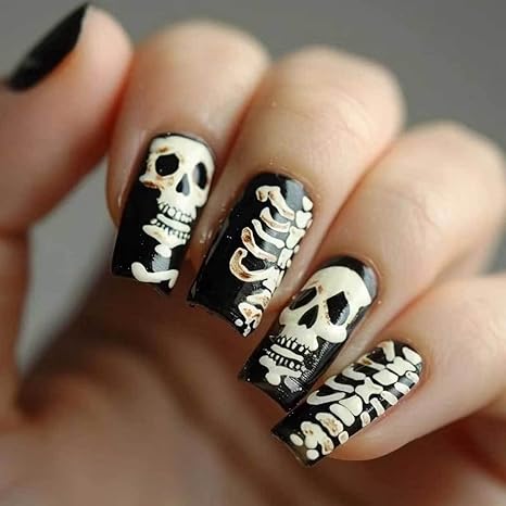 Halloween Press on Nails Medium Square SWEKKE Black Fake Nails Glossy False Nails with White Sugar Skull Skeleton Designs Horror Full Cover Reusable Acrylic Nails for Women Girls 24Pcs