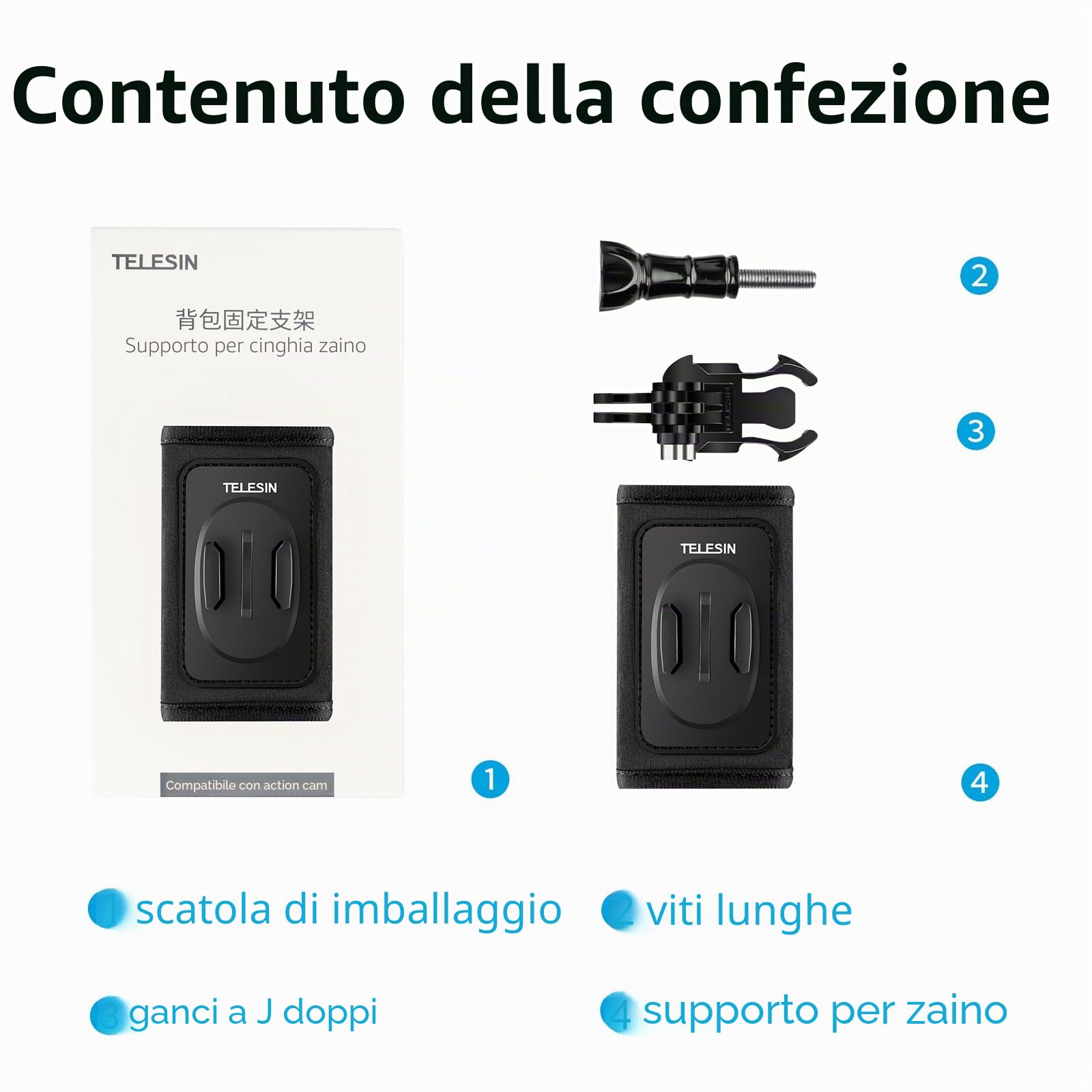 TELESIN Supporto da Zaino e Spallacci per GoPro Hero 13 12 11 10 9 8 7 6 Max, Insta360, DJI, con Cuscinetto Regolabile e Gancio a J e Attacco, Accessori
