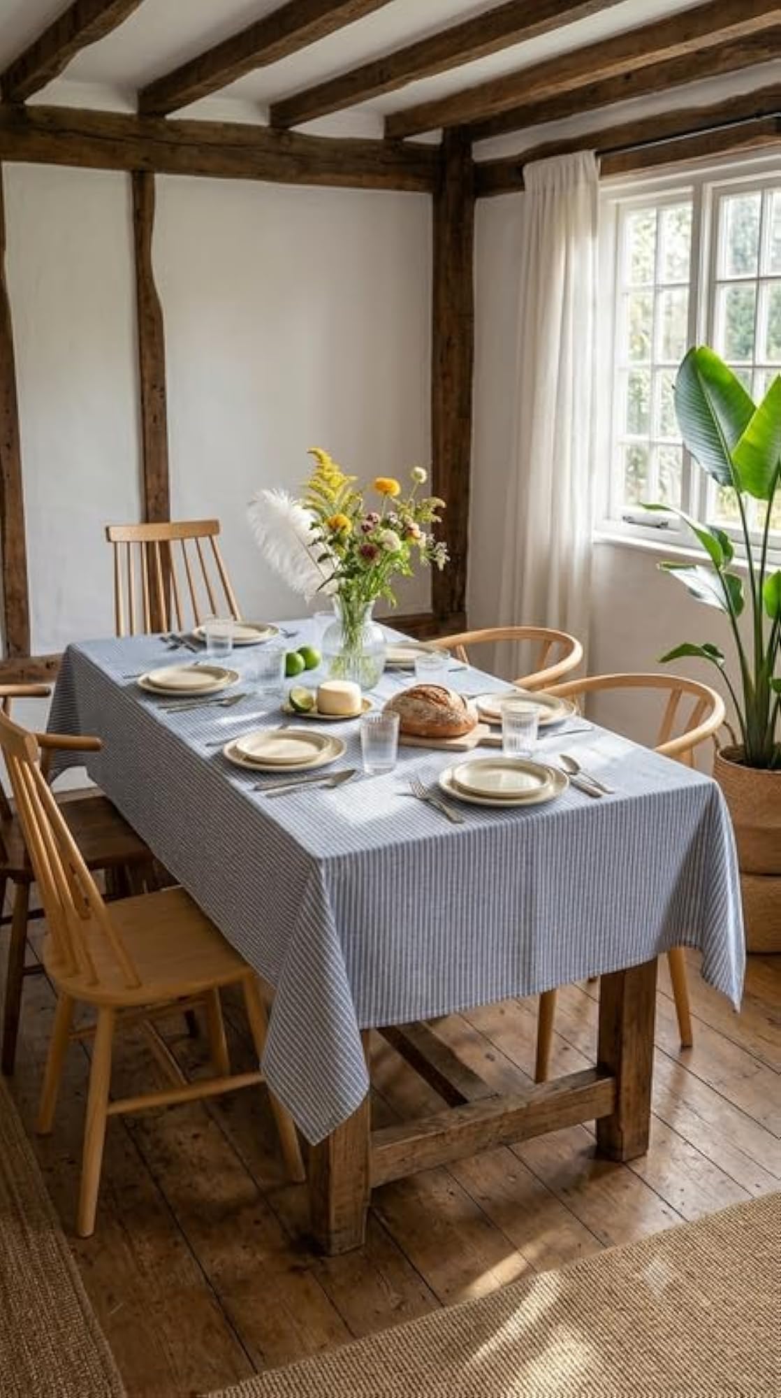 Blue and White Striped Cotton Dining Table Cover