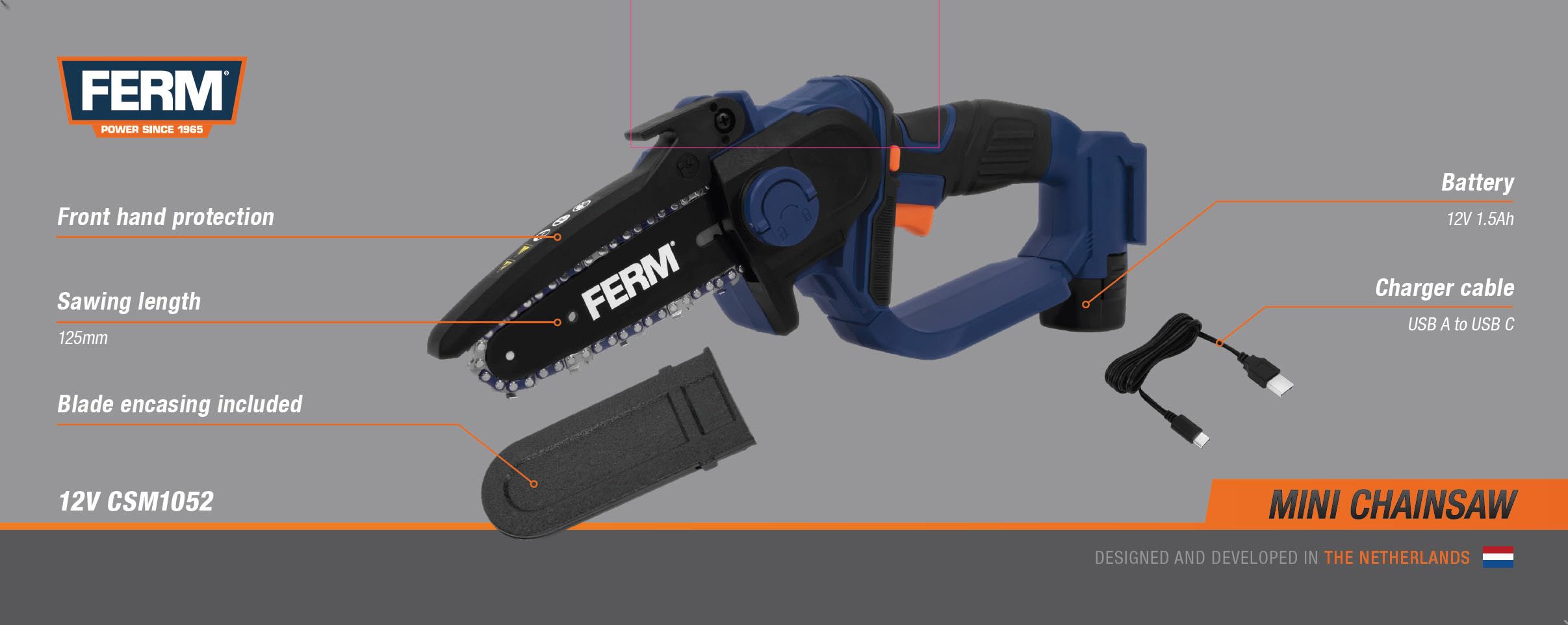 FERM Mini motosierra con batería de 12 V – 12,5 cm con batería de 1,5 Ah, una sola mano, cable de carga USB-C, compatible con AX-Power, sierra de jardín para ramas y madera CSM1052