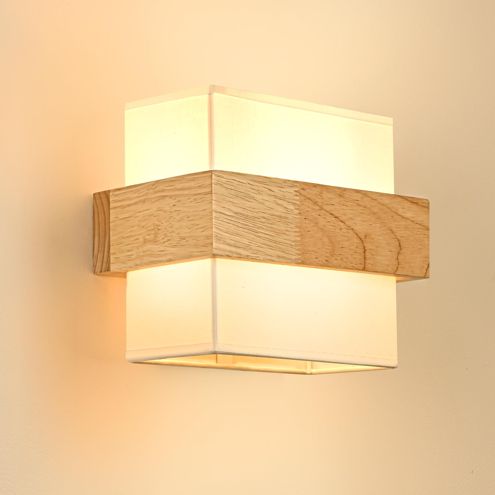 Gleonlux Wandleuchte Holz Innen, Vintage Wandlampe innen mit E14 Fassung， Retro Wandleuchten Boho aus Stoffbezug， Wandbeleuchtung Industrial für Treppenhaus Wohnzimmer Schlafzimmer Flur, Quadrat