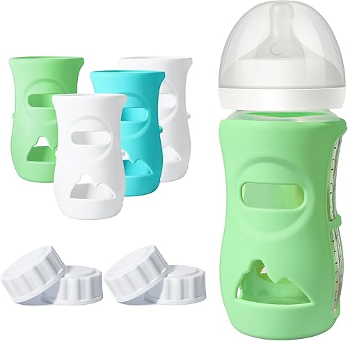 Joxodak 4 Pack Silicone Sleeves for Philips Avent Natural Glass Bottle, Food Grade Silicone Cover and 4pcs Travel Caps, Lids Replacement (2White+1Blue+1Green, 8oz)