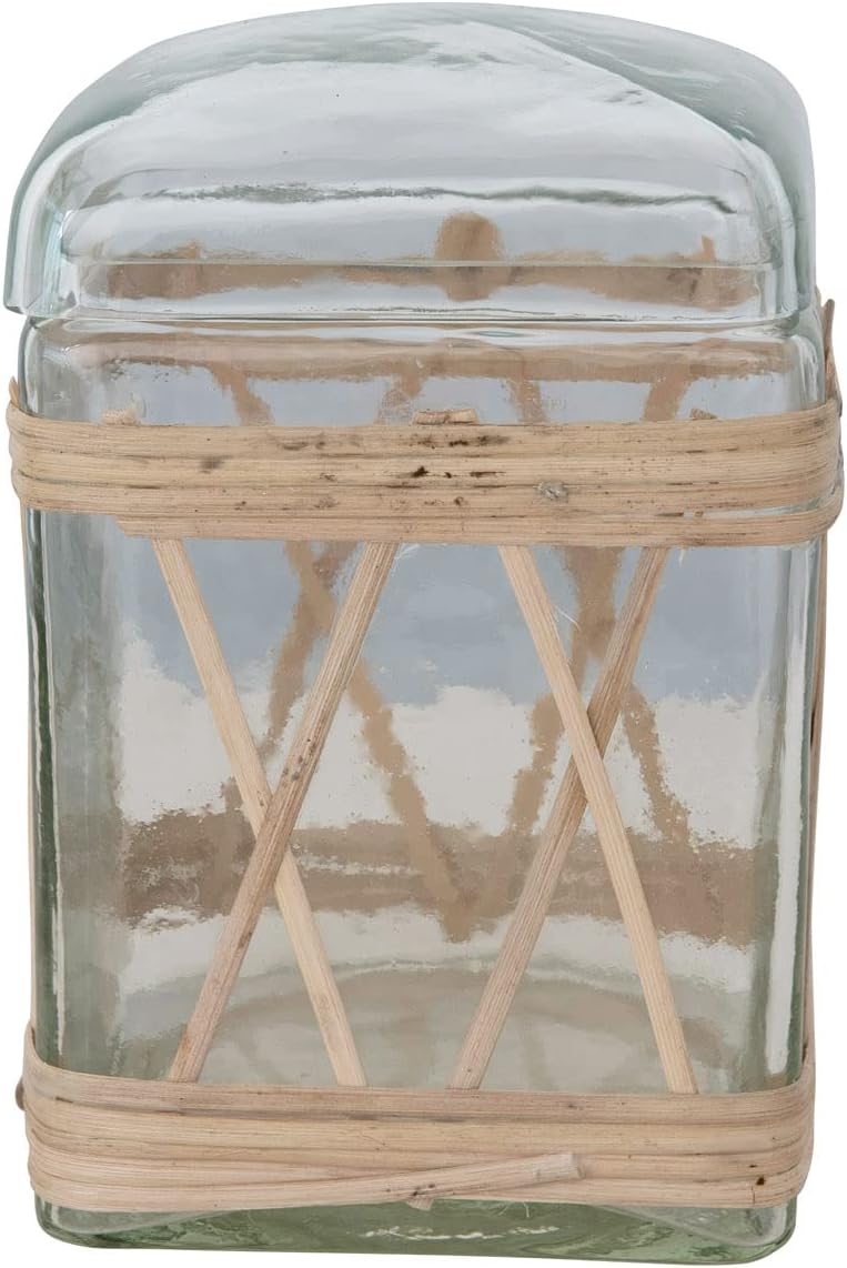 Rattan Wrapped Clear Glass Jar with Lid, 8" Height