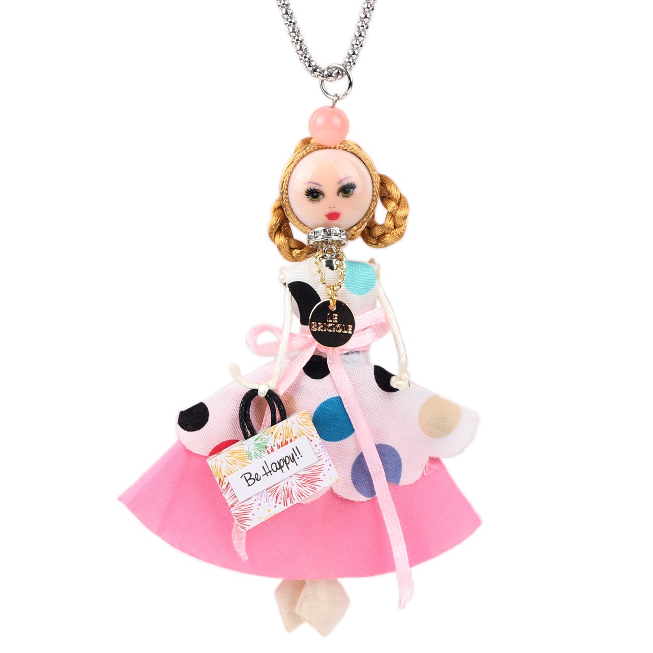 Collana Artigianale Con Bambolina In Resina E Capelli Veri | Gioiello Originale Con Vestito A Pois