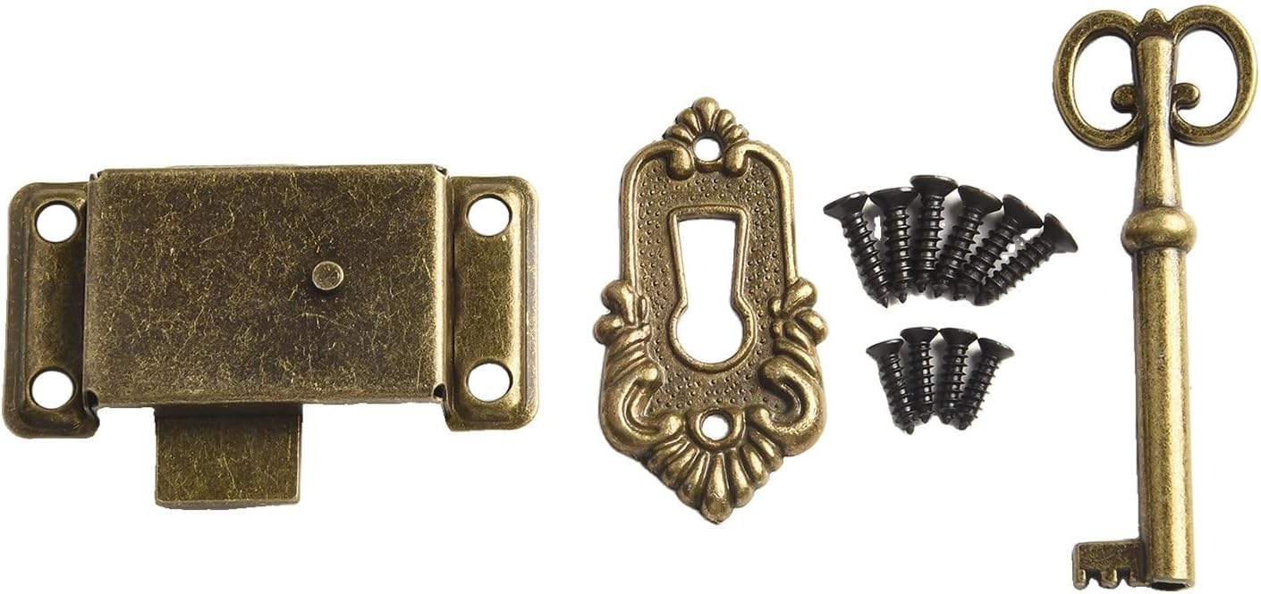 Antique Door Lock Set for Drawers,Boxes, Cabinets and Wardrobes - Vintage Metal Latch with Keys and Decorative Sheet, Retro Green or Red Bronze Finish