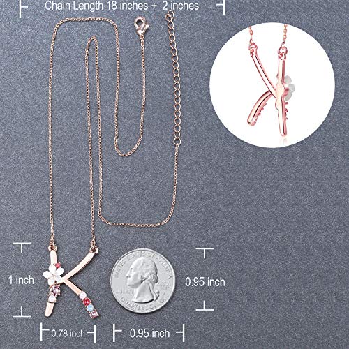 Flower Initial Letter Necklace Pink Red Blue Simulated Pearl Pendant Name Jewelry Made with Austrian Crystals Rose Gold Plated Anniversary Birthday Gifts for Women,18"+2"4