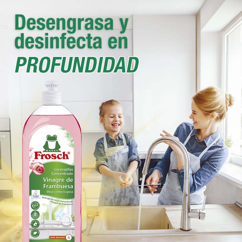 Frosch - Lavastoviglie a Mano Liquido Concentrato Ecologico Aceto di Lampone, Extra sgrassante ed efficacia - Confezione da 10 pezzi x 750 ml