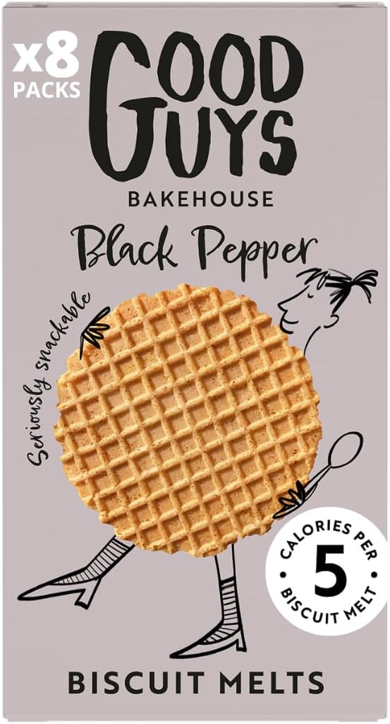 Good Guys Black Pepper Crackers 8xPacks. Tasty, Melty, 40% less fat, only 5 calories each! Healthy Biscuits. Low Calorie Snack Crackers. 8x50g packs - 39 biscuits per pack.