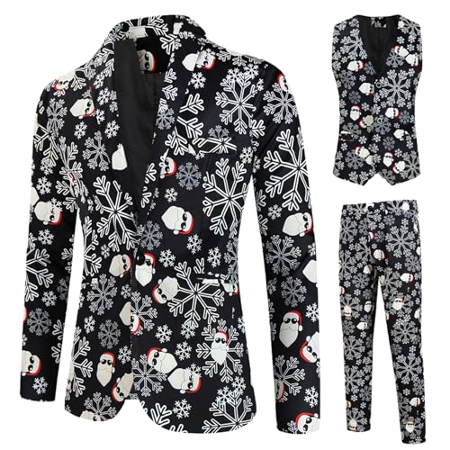 Kahbin Christmas Suit for Men Holiday Ugly Funny Printed Party Costume Mens 3 Piece Slim Fit Suit Blazer Vest Pants Set (US Alpha Medium Regular Regular 13# Black & Snowflake)