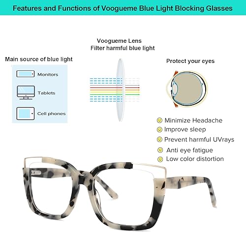 Vista 4 de VOOGLAM Gafas cuadradas de gran tamaño sin receta para mujer, luz azul y bloqueo UV400, marcos elegantes de acetato para computadora/teléfonos/TV