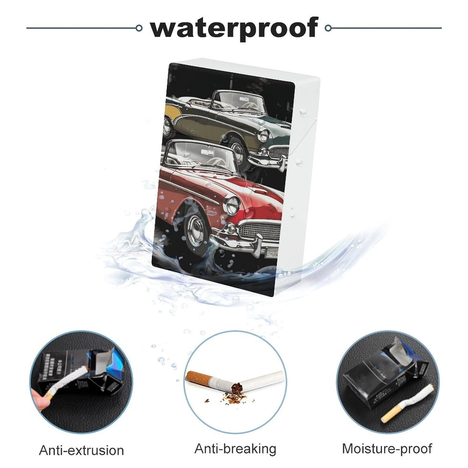 Classic Car Roadsters Old Fashioned Cigarette Case Waterproof Smoke Box with Secure Closure 20 Capacity Portable Cigarette Holder for Travel, Unisex Smoking Accessories Gift for Men Women image 3
