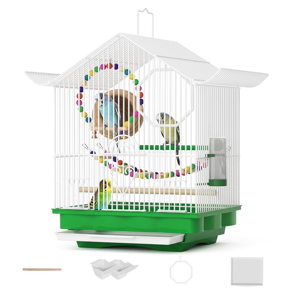 Qpets® Pet Parakeet Manor Bird Cage with Handle, Versatile Carrier for Home or Travel, Small Bird Accessories, Easy Storage for Canaries, Budgies, Finches, Parakeets, and More-White-image-26