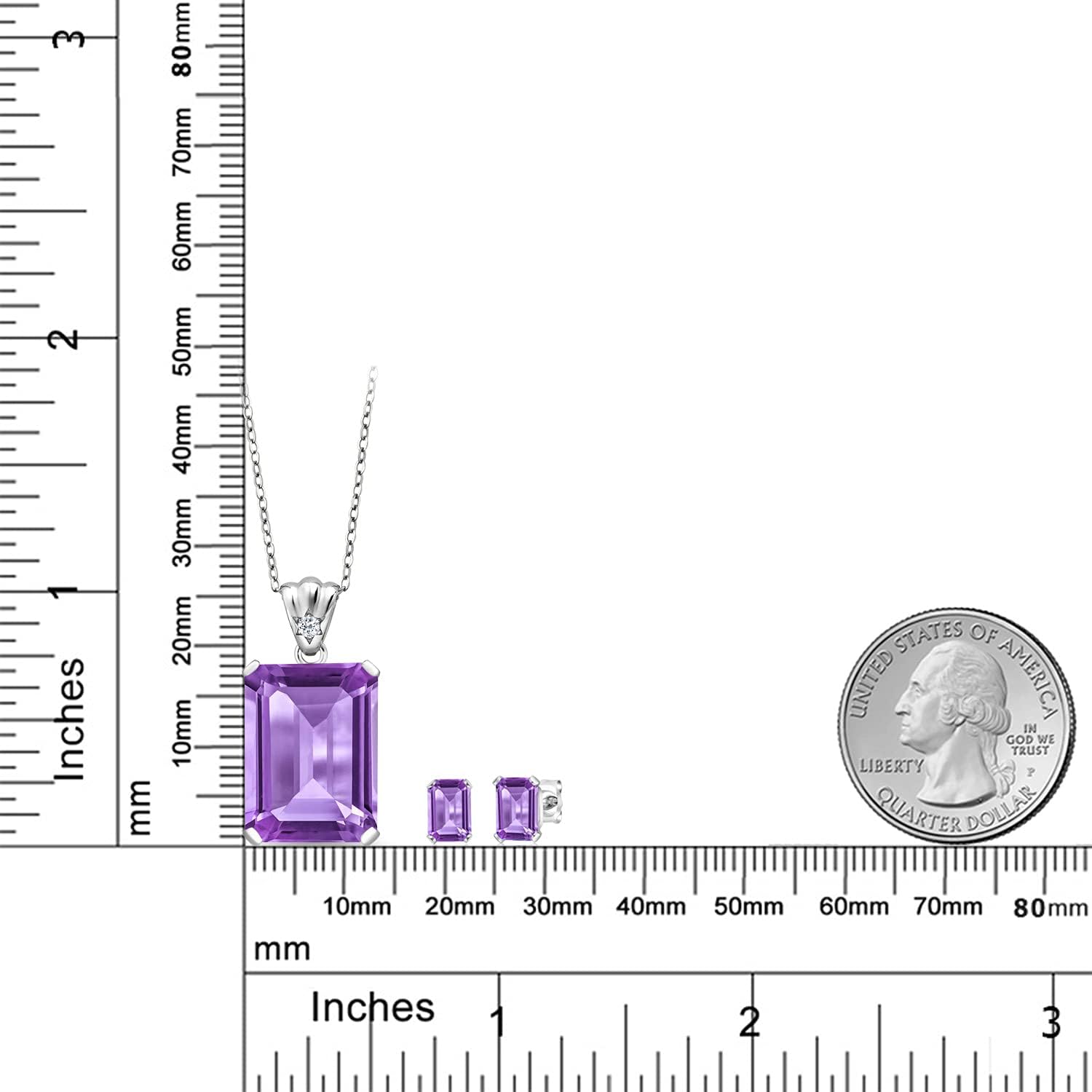 16.07 Cttw Purple Amethyst and White Topaz Pendant and Earrings Jewelry Set For Women | 925 Sterling Silver | Gemstone February Birthstone | Emerald Cut 18X13MM and 6X4MM | With 18 Inch Chain - Image 2