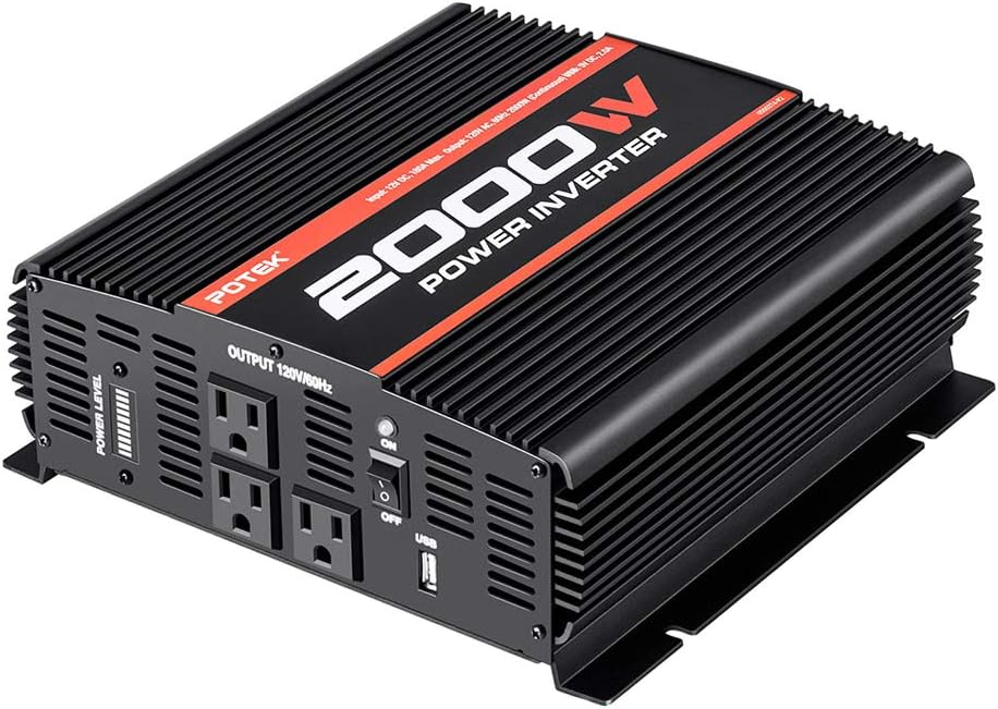 Black POTEK 2000W Power Inverter with multiple AC outlets and USB port.