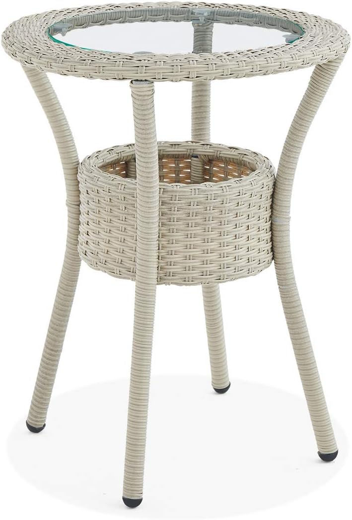 Modern and Weatherproof Haven All-Weather Wicker Outdoor Round Glass-Top Accent Table with Storage - Outdoor Furniture Patio Set & Metal - 20 in. W x 20 in. D x 26 in. H