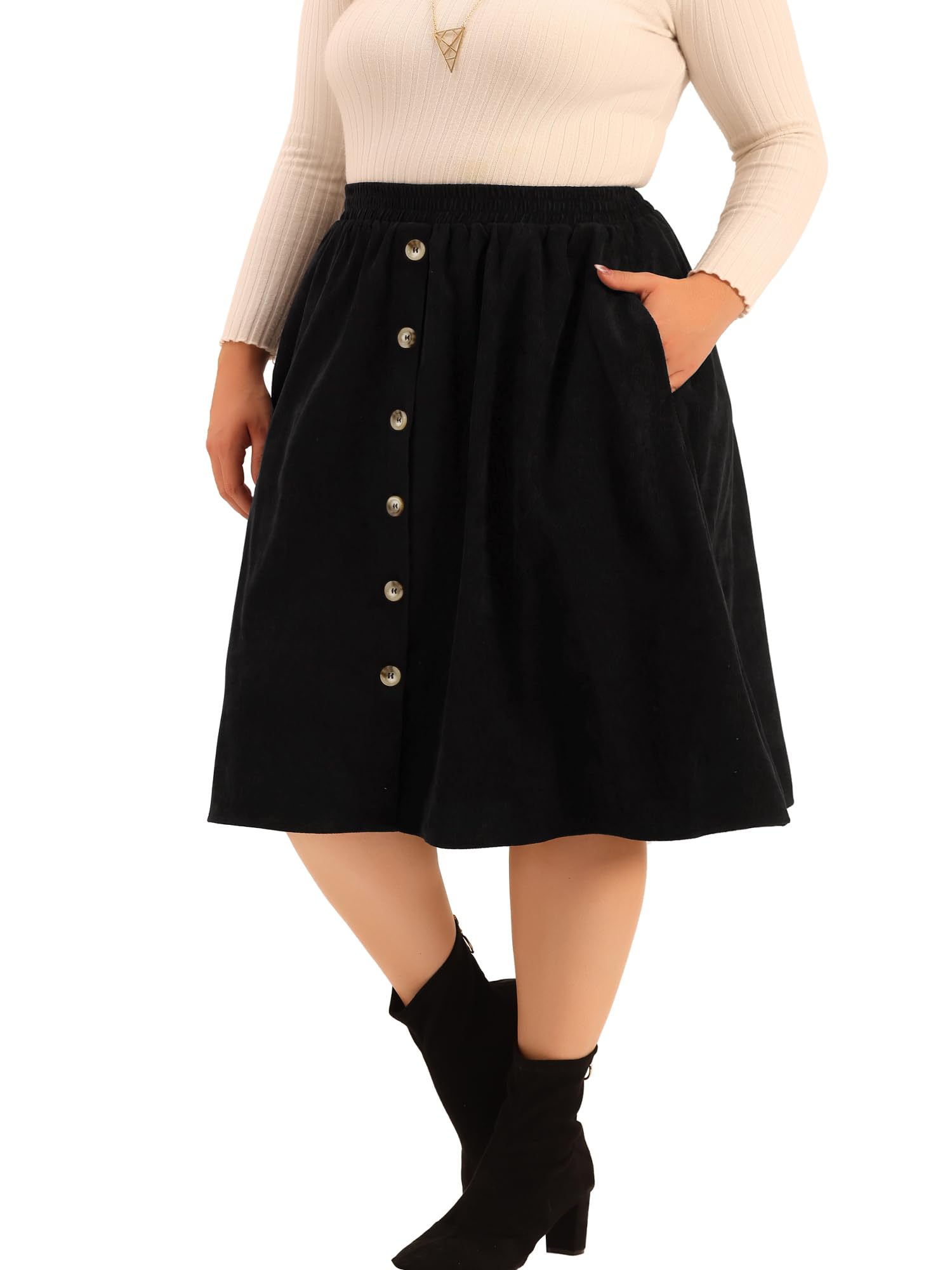 Agnes Orinda Midi-Röcke aus Cord für Damen, Übergröße, elastisch, hohe Taille, Knopfleiste vorne, A-Linien-Rock mit Taschen