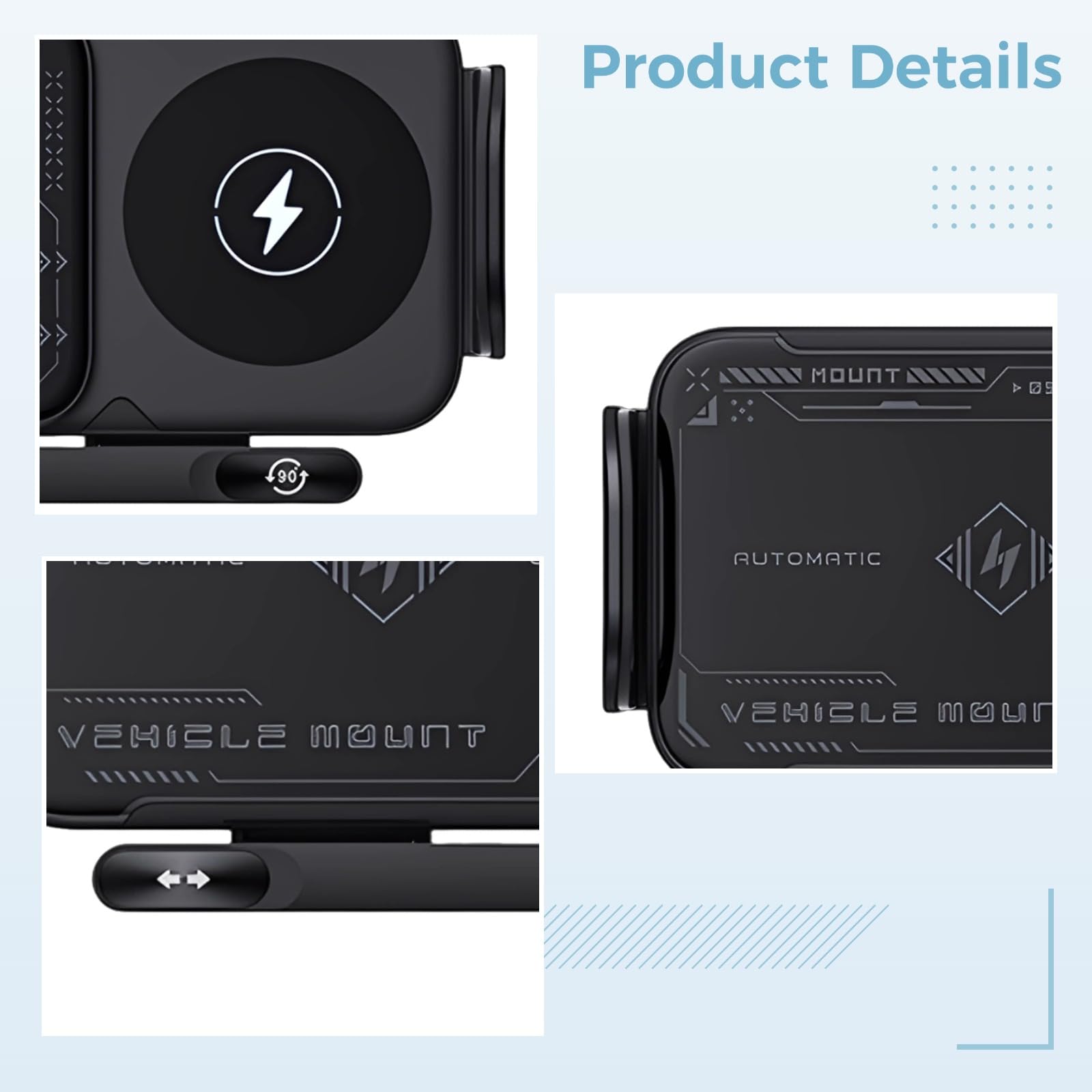 Supporto per caricabatterie da auto wireless per telefoni pieghevoli, ricarica rapida da 15 W, con forte forza di attacco, rotazione automatica, braccio elettrico, cruscotto/ventilazione, universale