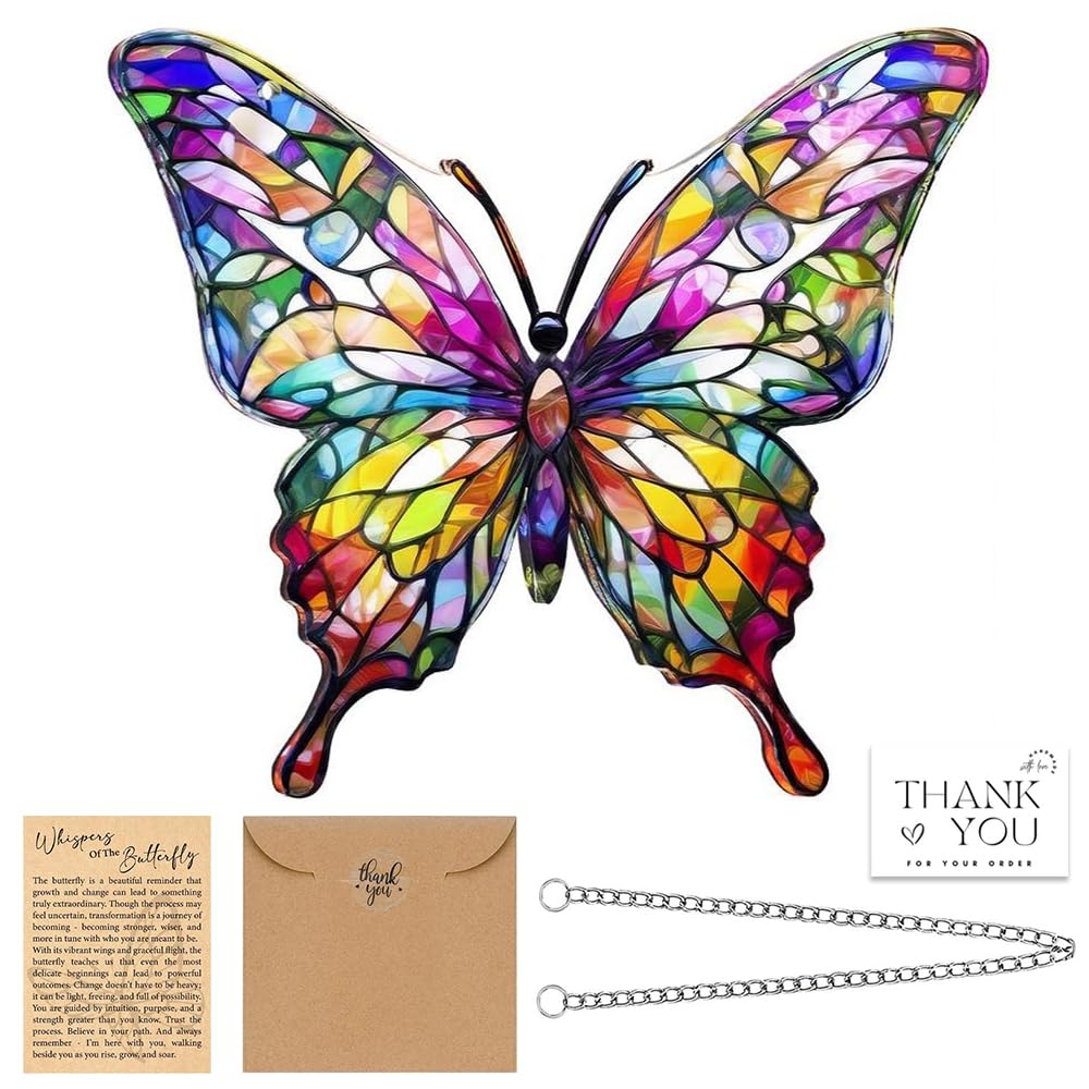 Butterfly Suncatcher Stained Glass Effect Window Hanging Acrylic Multi-Coloured Light Catcher with Chain and Story Card for Adults Home Conservatory Decor for Housewarming Birthdays Room Accessories