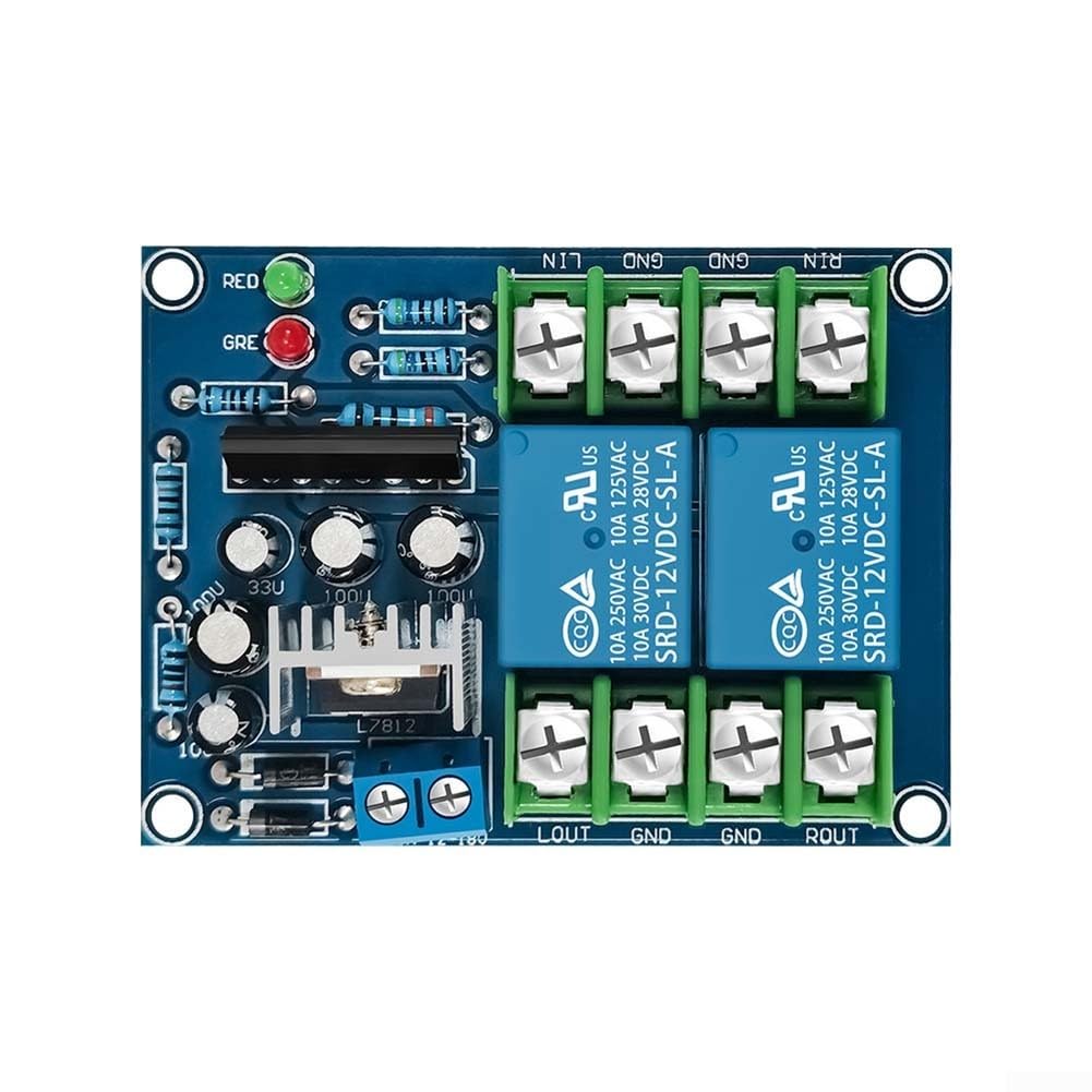 Circuito di protezione per altoparlanti a doppio canale da 10 A con ritardo di accensione di 3 secondi, indicatore blu e regolatore di tensione, per amplificatori audio e sistemi Hi-Fi fai da te