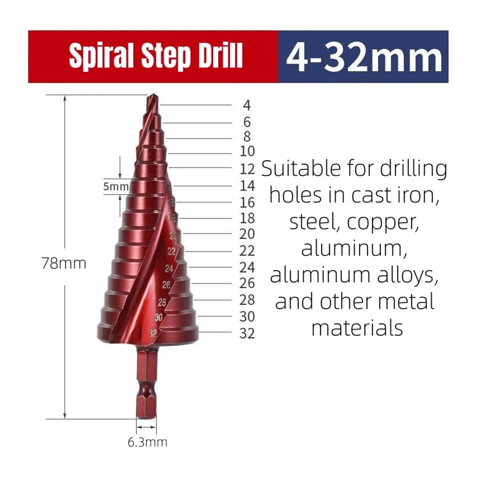 Juego de brocas escalonadas con flauta espiral titanio cobalto M35 | Herramienta de perforación de metal multiusos con vástago hexagonal de 4-32 mm