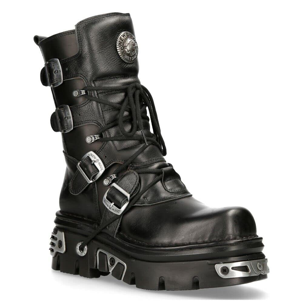 New Rock 373-S4 Metallic Black Leather Womens Gothic Mid Calf Punk Goth Boots with Lace up and Buckle