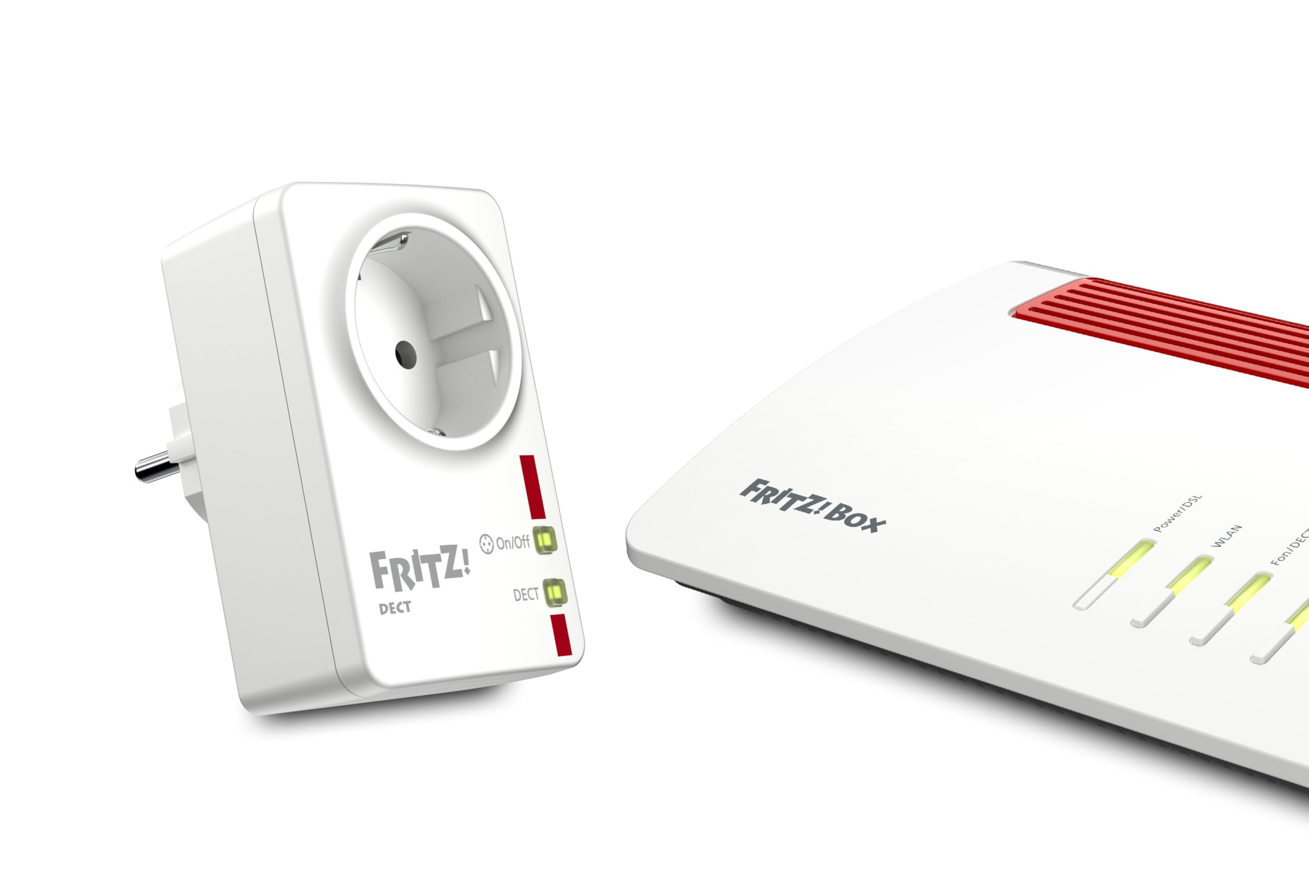 Fritz!DECT 200 International Toma de Corriente Inteligente, Smart Home, DECT ULE, Programable y Controlable a Través de Internet, Interfaz en Español, Blanco/Rojo