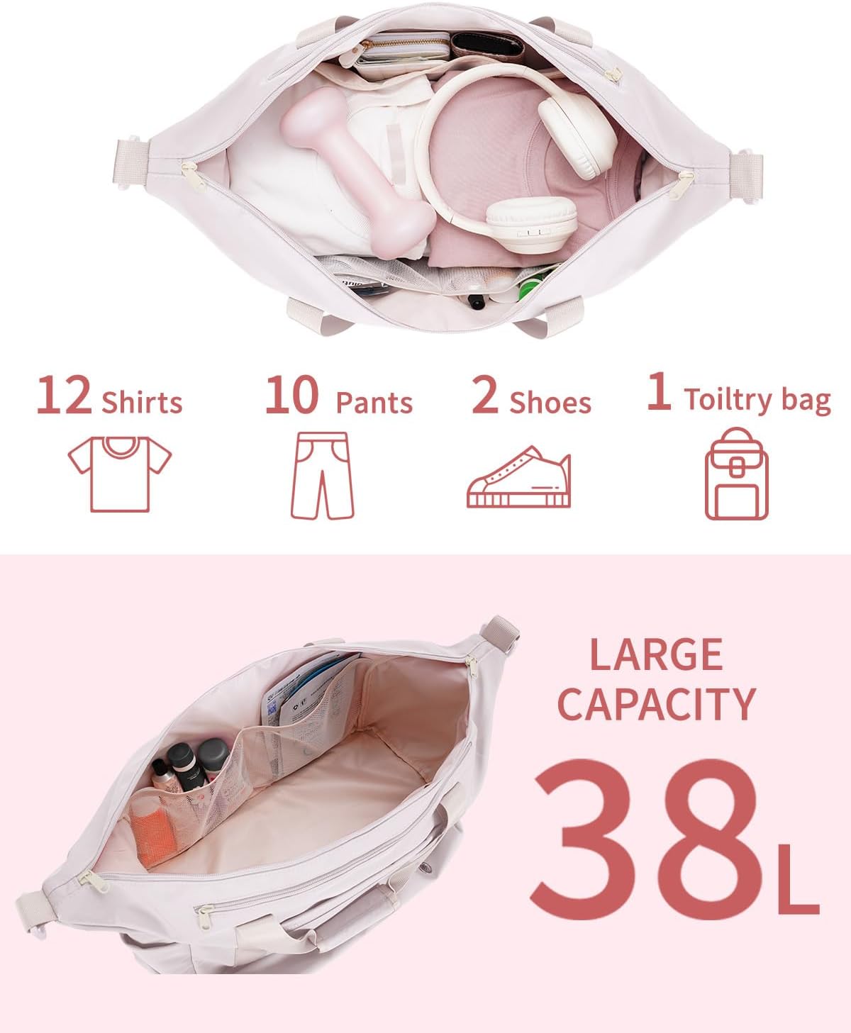 sportsnew Gym Travel Bag for Women, Large Travel Duffel with Shoe Compartment and Wet Pocket, Water Resistant Weekender Overnight Carry on Sports Tote Bags, Beige,Patent Pending - Image 4