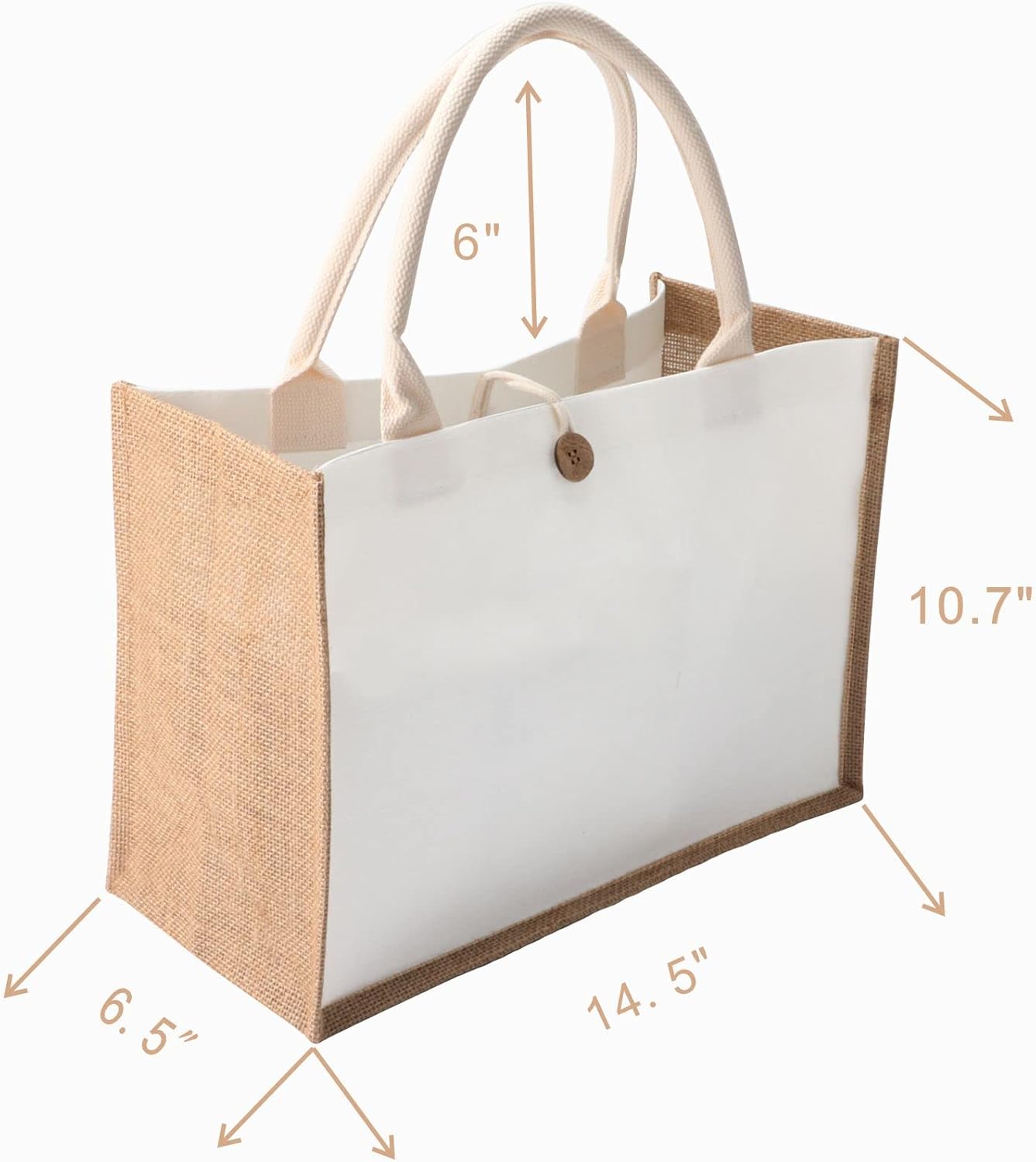 Kaxilu Jute Beach Tote Set of 12 - 14.5 * 10.7 * 6.5 Burlap Bags With Button and Handle for Travel, Grocery, Bridesmaid, Wedding, Shopping, Arts and Crafts, DIY