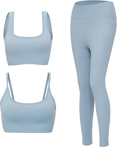 Miniatura 2 de Conjuntos de entrenamiento para mujer, 3 piezas, sin costuras, acanalados, sin mangas, cintura alta, pantalones cortos de yoga