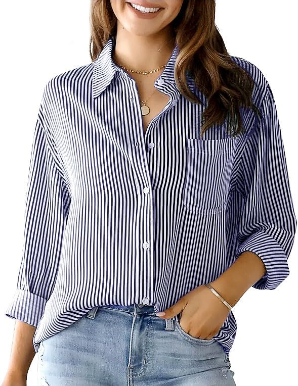 IBAOTORONI Women's Striped Button Down Shirts: Long Sleeve Office Casual Business Blouses with Pocket