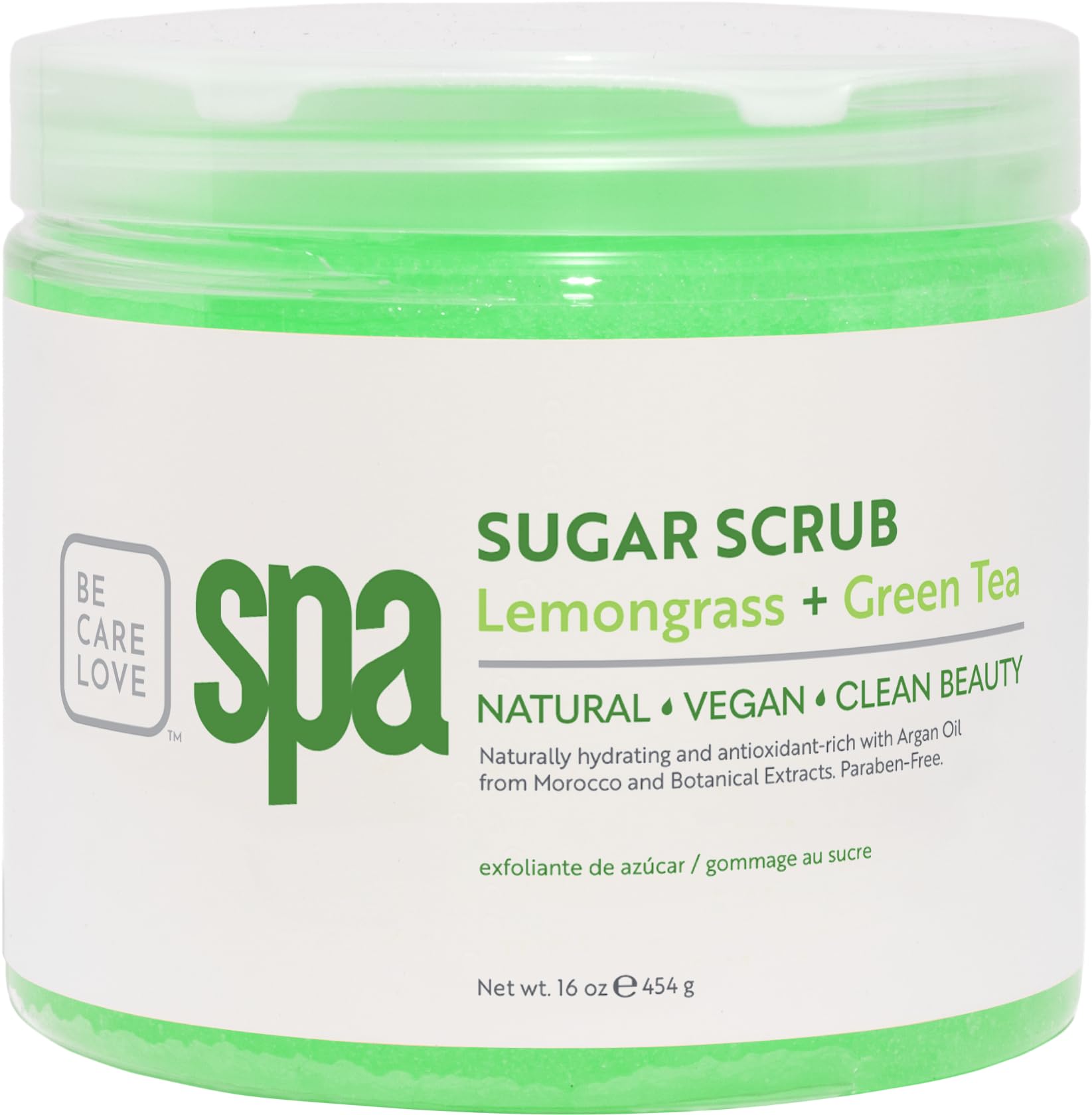 Be Care Love Spa Sugar Scrub Lemongrass + Green Tea to moisturize, detoxify and purify skin for acne-prone, oily, or damaged skin.16 oz